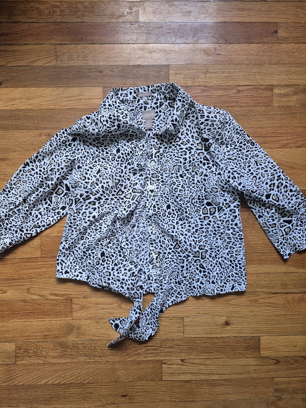 Chico's Leopard Print Tie-Front Button Down Shirt in White and Black